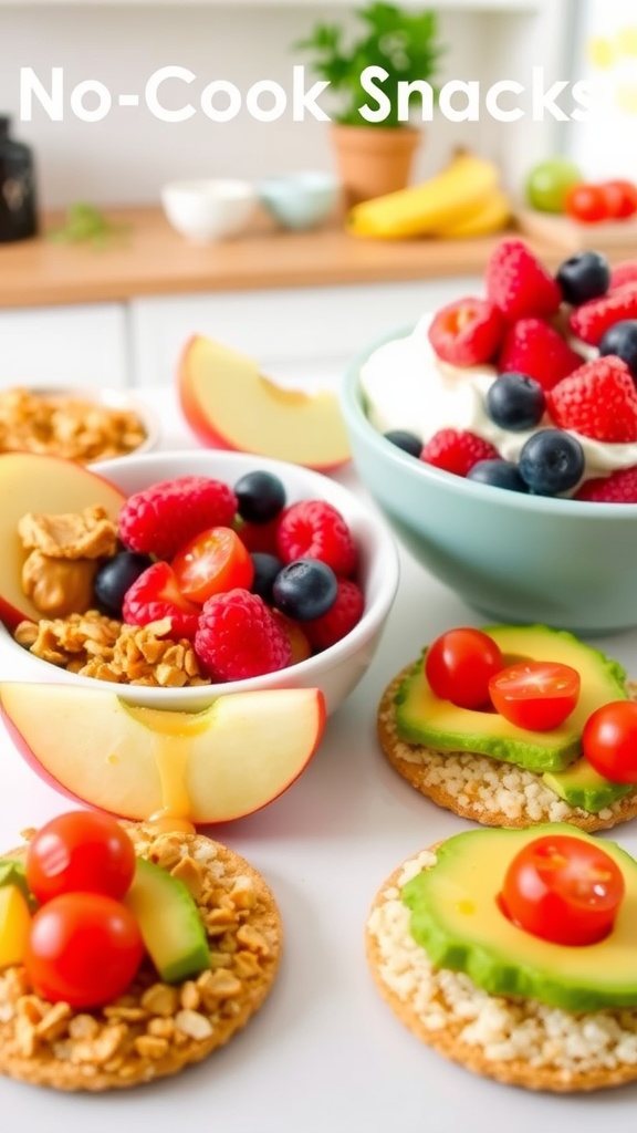 A variety of no-cook snacks including apple slices with peanut butter, Greek yogurt with berries, and avocado rice cakes.